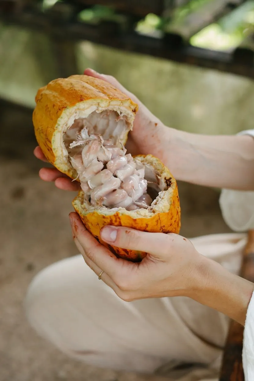Hands opening a fresh cacao pod
