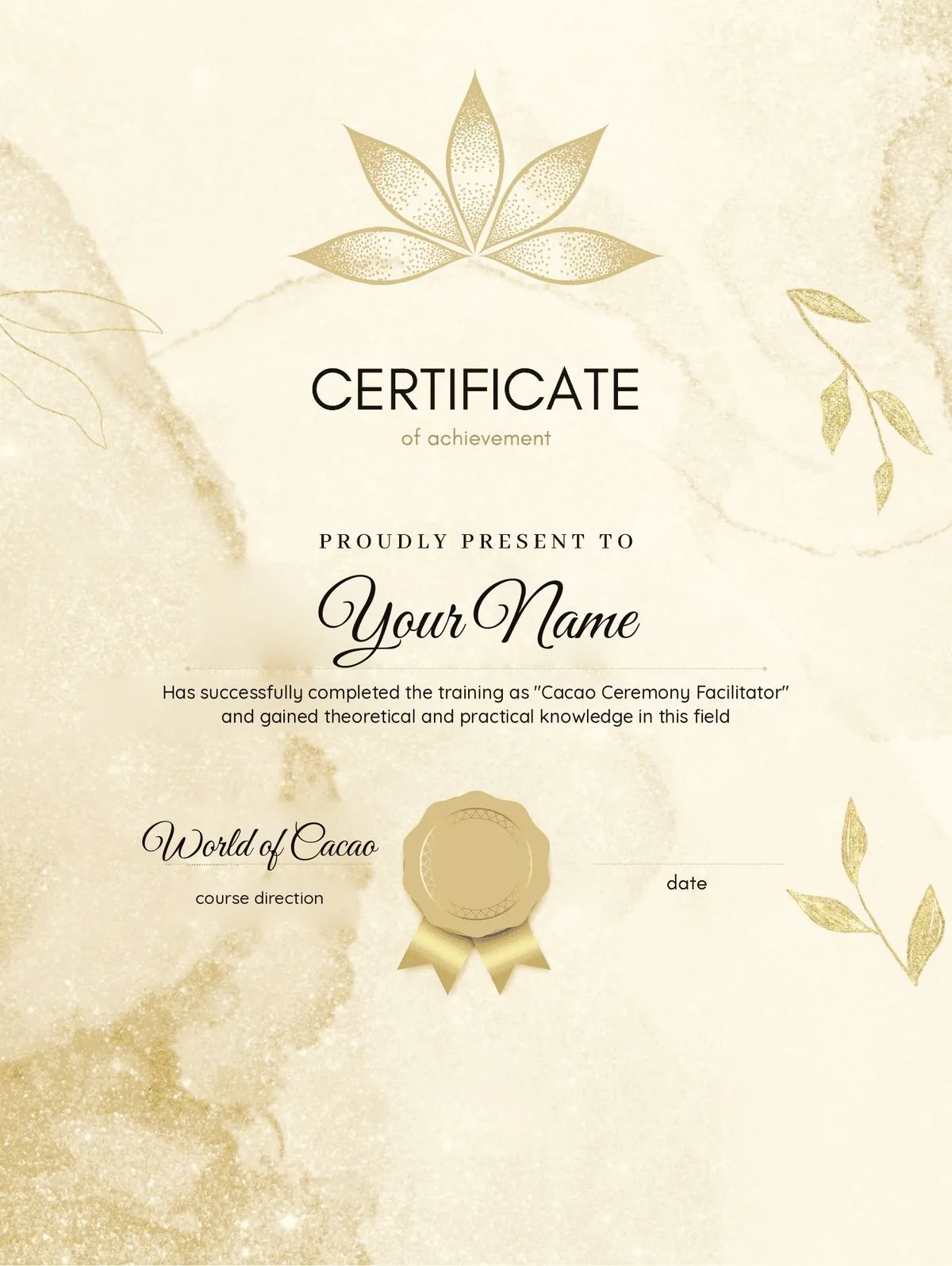 Sample Cacao Ceremony Facilitator certificate with your name