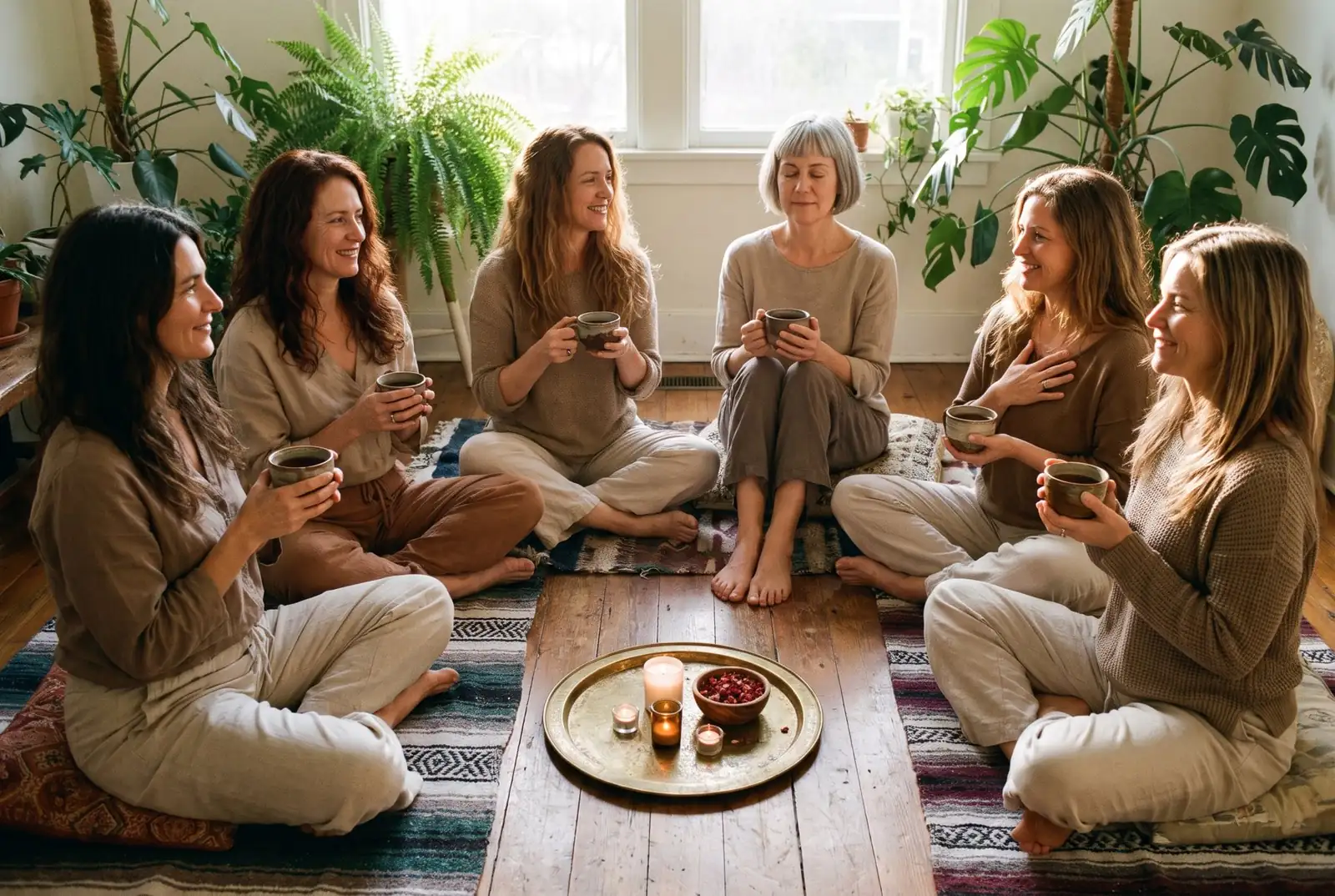 Women sitting together in a Cacao circle with their cups