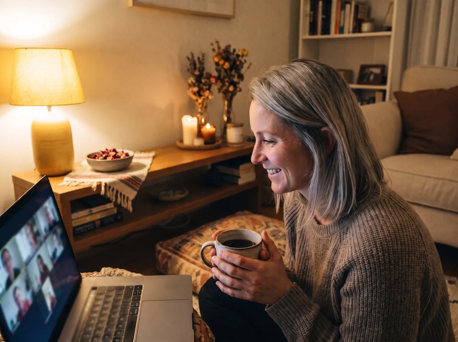 A woman guiding an online Cacao Ceremony from her living room