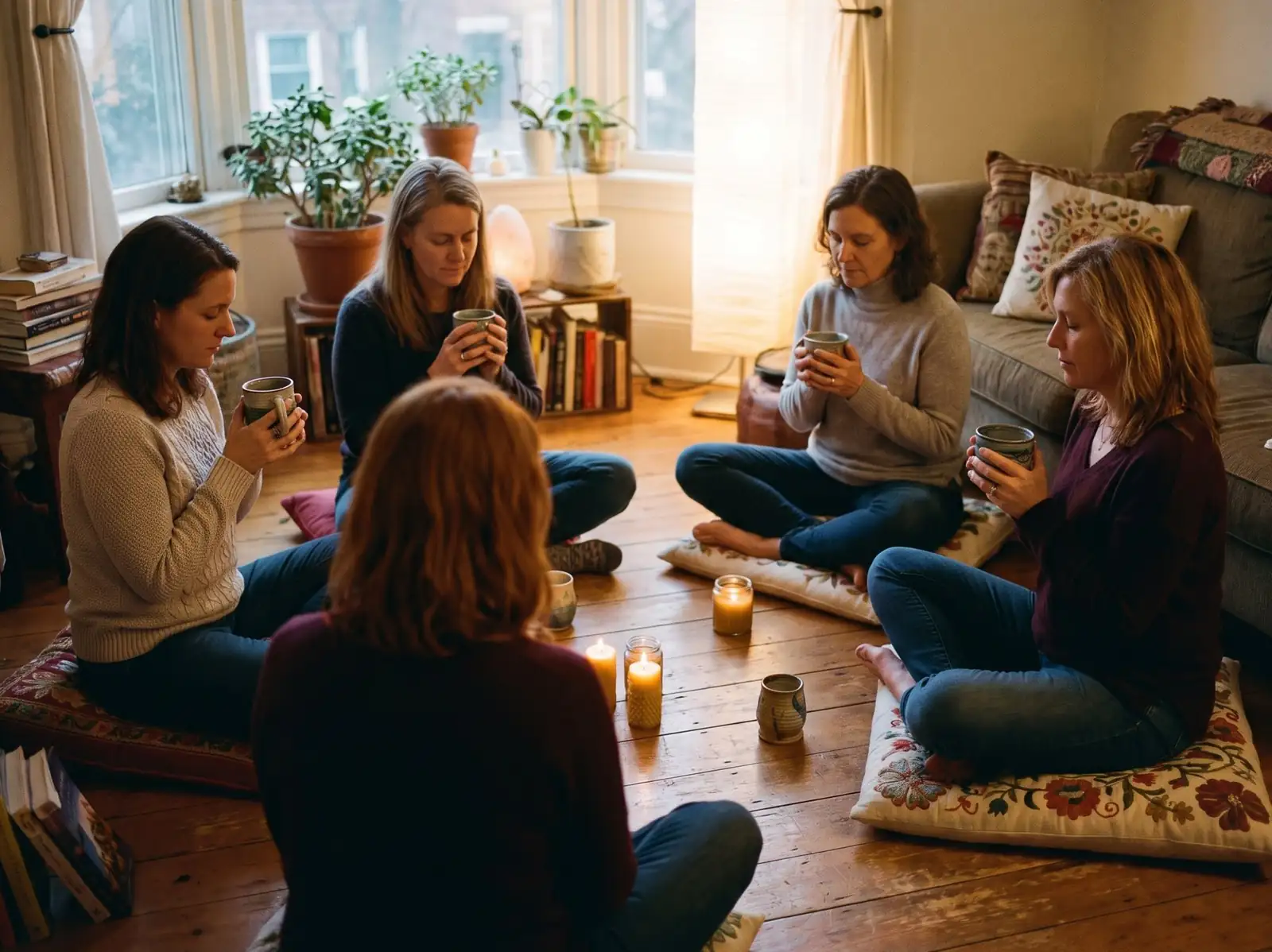 Five women in jeans and sweaters sit in a circle on a living room rug, holding warm cups