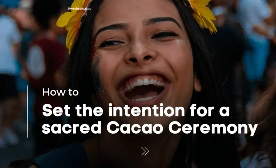 Laughing young woman with yellow flowers in her hair beside the title Set the intention for a sacred Cacao Ceremony