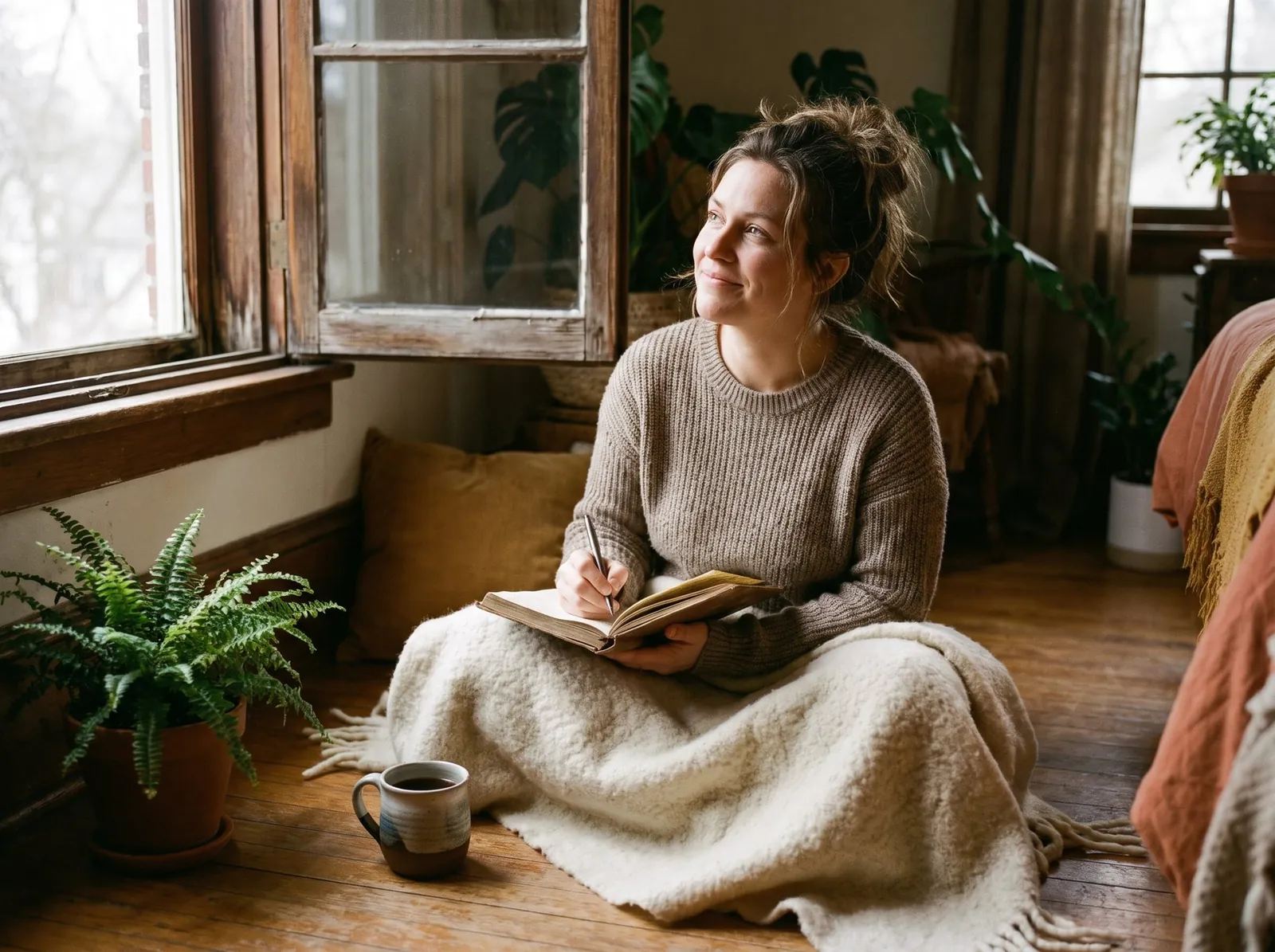 A woman writing in her journal, calm and confident