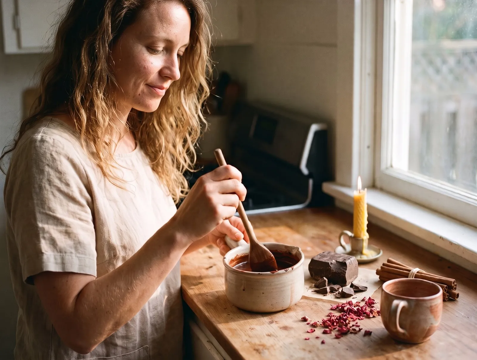 A woman preparing Ceremonial Cacao in her kitchen